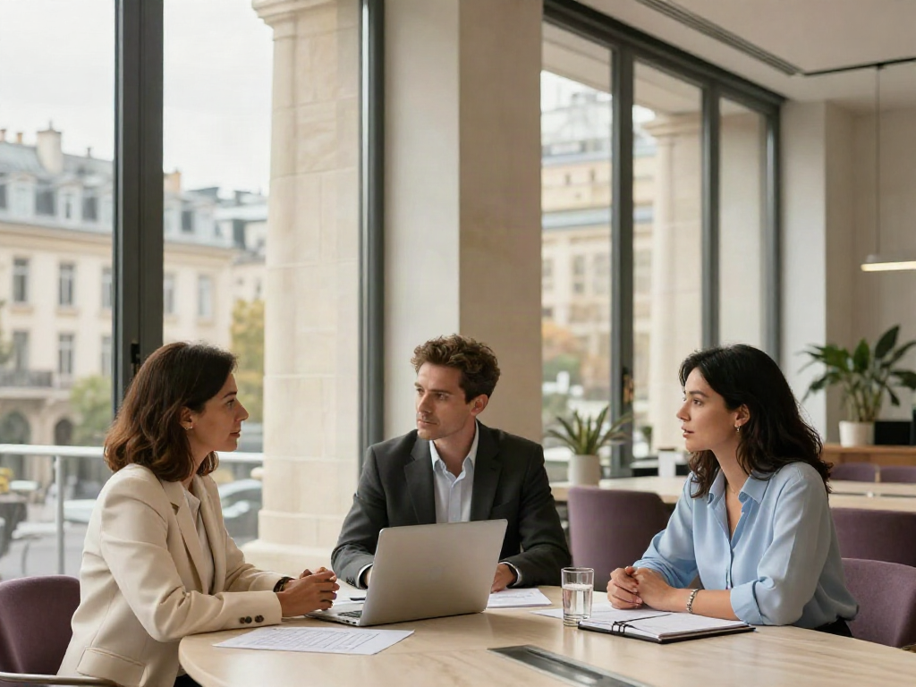 Business consultants reviewing strategy in a sunlit contemporary office